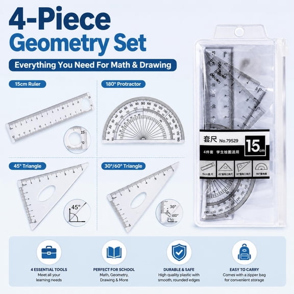 QuanTara 4-Piece Ruler Set, Clear Plastic 15cm Ruler with Protractor & Triangle Rulers, Geometry Drawing Tools (7.48in)