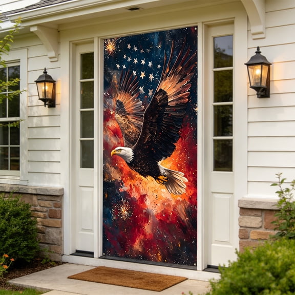 QuanTara 4th of July Giant Patriotic Door Decoration 72.8"x35.4" - Outdoor Porch Banner, Front Door Cover, Indoor Party Wall Hanging, Photo Booth Backdrop, Red White Blue