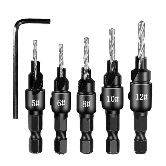 QuanTara 5-Piece Countersink Drill Bit Set, #5-#12 (5/64"-9/64") 82 Degree Chamfer, Adjustable Depth with Hex Key, 1/4" Hex Shank for Wood, Plastic, MDF & PVC