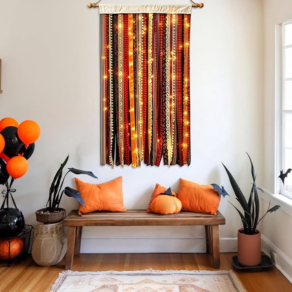 QuanTara 50" Luminous Halloween Fringe Banner - Glowing Pumpkin Wall Decor, Fabric Tassel Backdrop for Lounges & Themed Social Gatherings, Cross-Border Bestseller