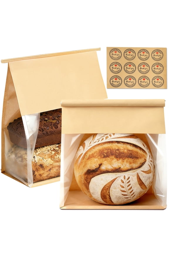 50 Pack Extra Large Bread Bags, Resealable Loaf Bags with Window, Grease-Resistant Paper Bags for Homemade Sourdough, Cookies, Baked Goods