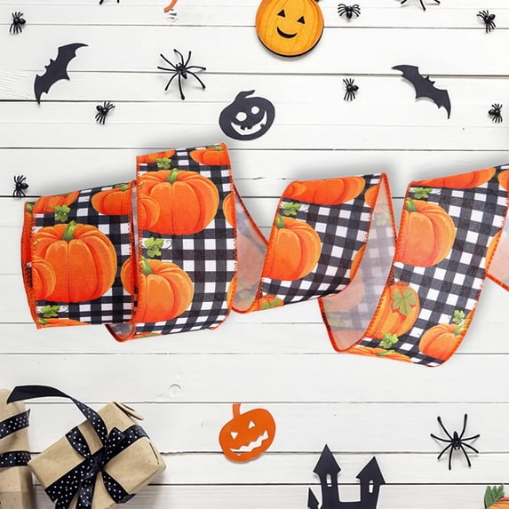QuanTara 5M Halloween Thanksgiving Ribbon – 2.5" Wired Faux Linen with Pumpkins & Maple Leaves, Rustic Fall Decorative Ribbon for Wreaths, Gift Wrap, Bows & DIY Crafts