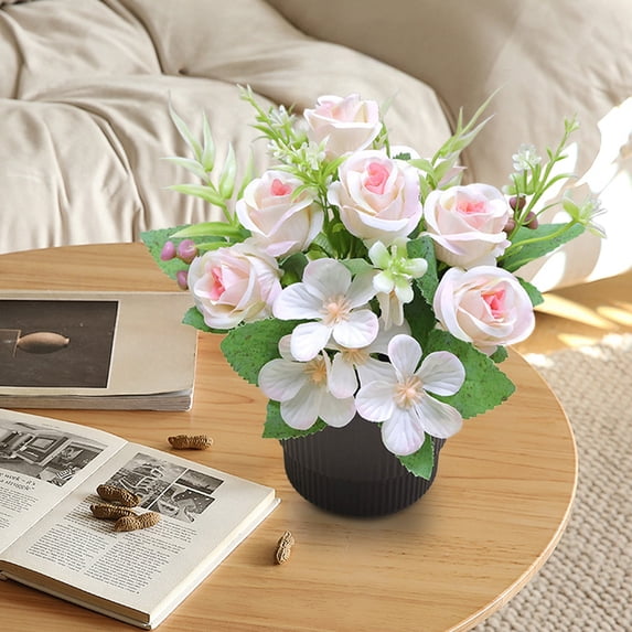 QuanTara 6in Artificial Potted Plant (1-Pack), Small Fake Succulents Bonsai, Lifelike Pink Plastic Flowers for Desk, Home, Office Decor, Mini Floral Arrangements