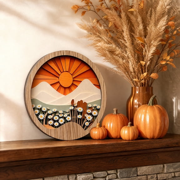 QuanTara 7.87" Round Wooden Wall Sign - Layered Paper Cut Sunset Art, Boho Circular Hanging Decor for Entryways, Lounges & Curated Interior Displays