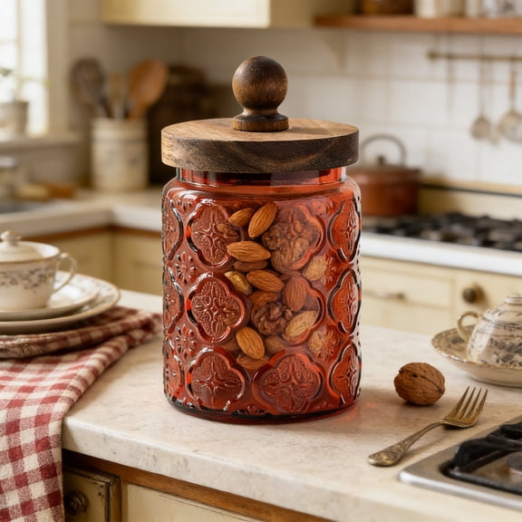 QuanTara 700ml Red Glass Storage Jar, 3.74x6.89in Airtight Food Container for Kitchen Pantry, Coffee, Tea, Snacks, Dry Goods Organization