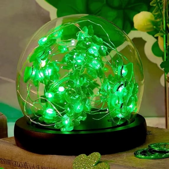 QuanTara 78.7" St. Patrick's Day LED String Lights with Four Leaf Clover and Hat Shapes, Green Copper Wire for Indoor Outdoor Holiday Decorations - Length, Battery Operated Irish Festival Lights