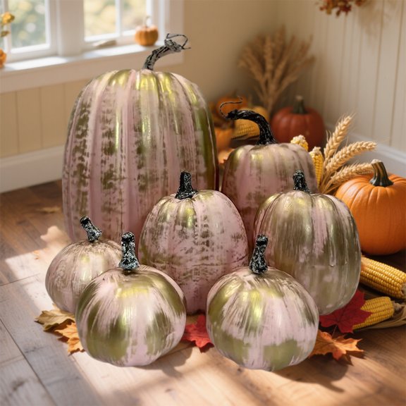 QuanTara 7pcs Gold Foam Pumpkin Set – Realistic Halloween Decorations, Lightweight Artificial Pumpkins for Fall Table Centerpieces, Mantel Displays & Spooky Party Props