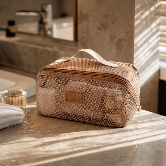 QuanTara 9.45" Nylon Gauze Makeup Organizer - Large Capacity Toiletry Caddy with Compartmental Storage, Portable Washing Pouch for Transit Routines & Grooming
