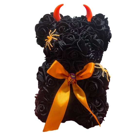 QuanTara 9.8" Halloween Black Rose Teddy Bear, Gothic Rose Bear Figurine, Spooky Cute Halloween Ornament for Mantel, Shelf, Party Centerpiece & Haunted House Decor, Dark Romance Gift