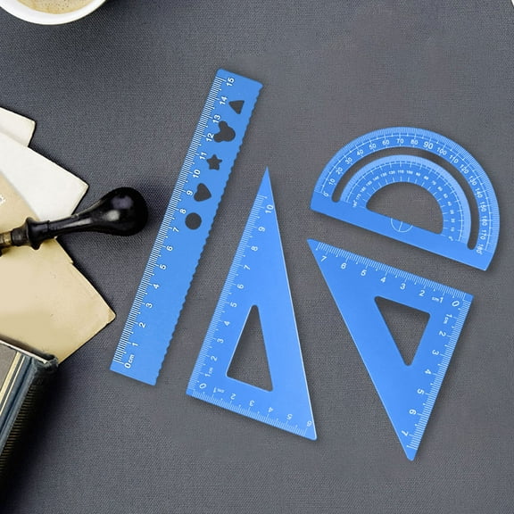 QuanTara Aluminum Alloy Ruler Set, 4-Piece Metal Drawing Ruler with Stencil Shapes, Straight Ruler, Triangle Ruler & Protractor, Blue (6.3" x 2.56")