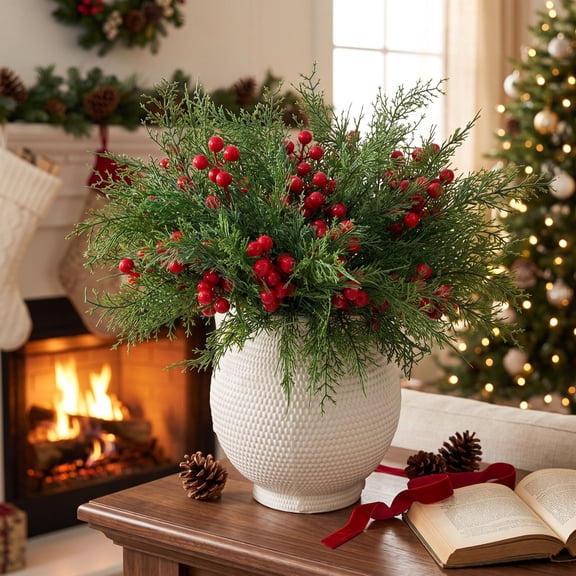 QuanTara Artificial Cedar Sprigs With Red Berry Picks Faux Evergreen Pine Branches For Christmas Wreaths Holiday Mantel Vase Centerpiece Decor 1 Pack 14.9 x 11.8 In Green Plastic