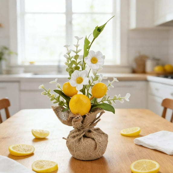 QuanTara Artificial Lemon Branch with Fruit, 10.63in Fake Lemon Tree Stem, Yellow Faux Lemon & Green Leaves for Table Centerpiece, Kitchen, Spring & Home Decor