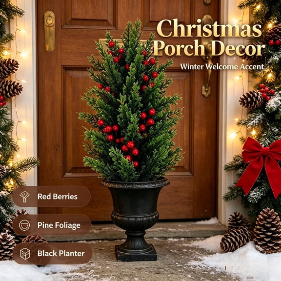 QuanTara Artificial Potted Cedar Christmas Tree Plastic Measuring 15.75" 7.87", Porches, Entryways, Desks and Indoor Winter Displays