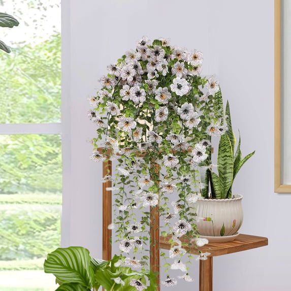 QuanTara Artificial Violet Hanging Basket, 29.92x9.84in Silk Flower Wall Decor, Rattan Ceiling Planter with Faux Flowers, Low Maintenance Home Decor, Set of 2