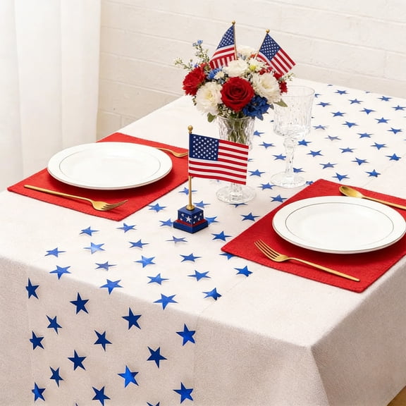 QuanTara Blue Star Gauze Table Runner, 108.26x11.02 Inch Patriotic Table Decor with Glitter Stars for Independence Day, Wedding, Birthday Party & Holiday Events