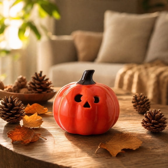 QuanTara Ceramic Pumpkin Night Light - Plug-in Halloween & Fall Decoration, Warm Glow Jack-O-Lantern Accent Lamp for Hallway, Bathroom, Kids Room & Autumn Home Decor