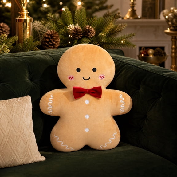 QuanTara Christmas Gingerbread Man Plush Pillow, 15.35x12.2in Soft Stuffed Gingerbread Cushion with Red Bow & Smile Face, Holiday Decorative Throw Pillow for Sofa Bed Home Decor, Khaki, 1 Pack