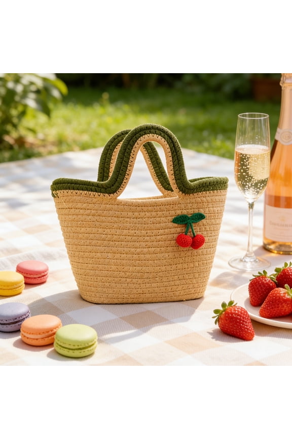 Cotton Rope Woven Tote Bag 12.2x7.87in, Cute Cherry Print Beach Bag, Large Capacity Lightweight Purse for Women, Daily Commuting & Summer, Beige