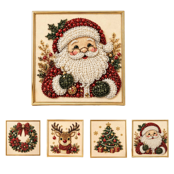 QuanTara DIY Christmas Diamond - Painting Kit for Beginners, 9.84" x 9.84" Pearl Bead Art Set with Photo Frame, Santa Claus & Reindeer Patterns, Includes Canvas, Applicator Pen, Wax & Tray
