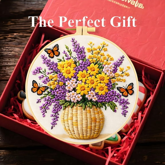 QuanTara DIY Embroidery Kit, Floral & Butterfly Hand Stitching Craft Set, Complete Needlework Kit for Beginners,includes Fabric, Threads, Needles, Pattern, Home Decor, Gift, Stress Relief