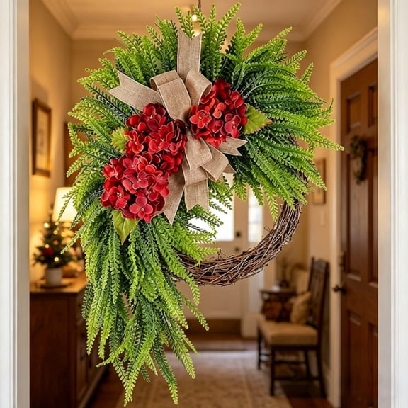 QuanTara Double-Sided Bohemian Door Hanging, Spring/Summer Garland with Linen Bow and Green Leaves, Front Porch Decor, Hanging Wreath for Home Entryway