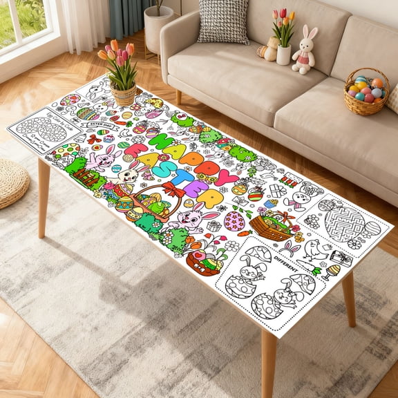 QuanTara Easter Bunny Egg Chick Disposable Paper Tablecloth 29.92x72.05 Inch - Kids Coloring Activity Placemat for Holiday Party Decorations, Doodle Art Paper Table Cover