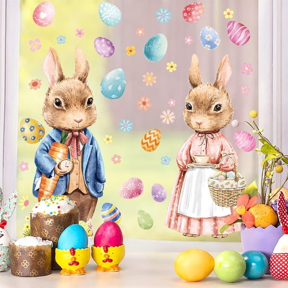 QuanTara Easter Bunny Static Cling Window Sticker, Double-Sided Electrostatic Decoration for Glass Doors & Windows, Removable Easter Window Decal
