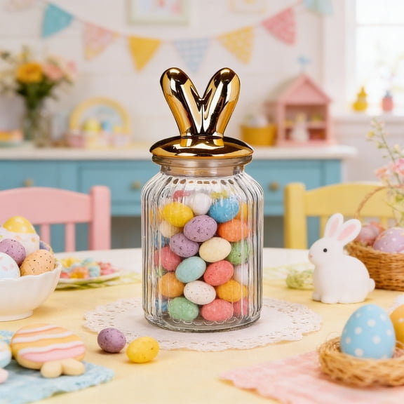 QuanTara Easter Candy Jar Glass Storage 8.66x4.72x4.72in - Transparent Bunny Egg Chick Design, Holiday Treat Container, Gift Idea, Kitchen Counter Decor, Party Centerpiece