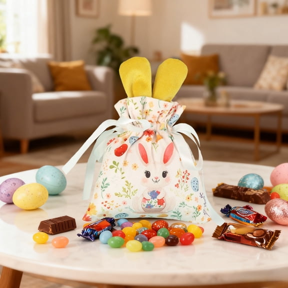 QuanTara Easter Drawstring Candy Bags Yellow 9.45x3.94 Inches - Reusable Polyester Treat Bags for Easter Egg Hunts, Party Favors, Gift Goodie Bags