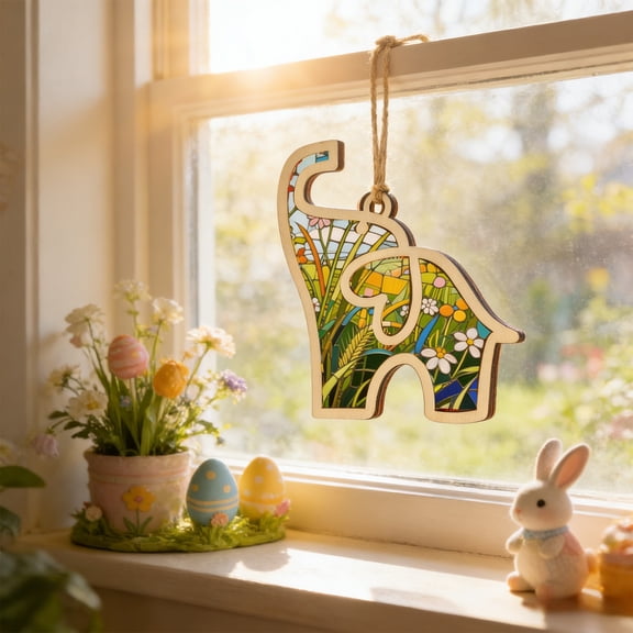 QuanTara Easter Elephant Pendant, Wooden Hanging Ornament with Floral Design, Colorful Elephant Sister Friendship Gift, Handmade Home Decoration with Hemp Rope & Gift Bag