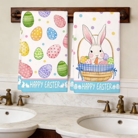 QuanTara Easter Kitchen Towels Set of 2, 23.6x15.7in Absorbent Dish Towels & Hand Towels for Cooking Baking, Holiday Themed Tea Towels, Multicolor