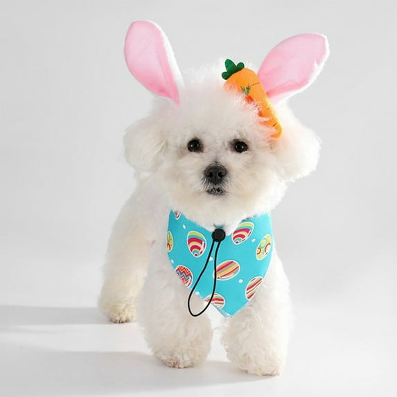 QuanTara Easter Pet Bandana & Bunny Ear Headband 2-Piece Set - Adjustable Dog Bandana with Easter Egg Print, Rabbit Ear Headband for Small Medium Large Dogs Holiday Celebration