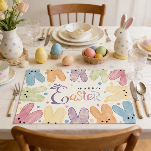 QuanTara Easter Placemats Set of 1, 16.54x12.6in Bunny & Egg Pattern Polyester Placemat, Washable Holiday Table Decor for Dining Party, Festive Mood Decoration