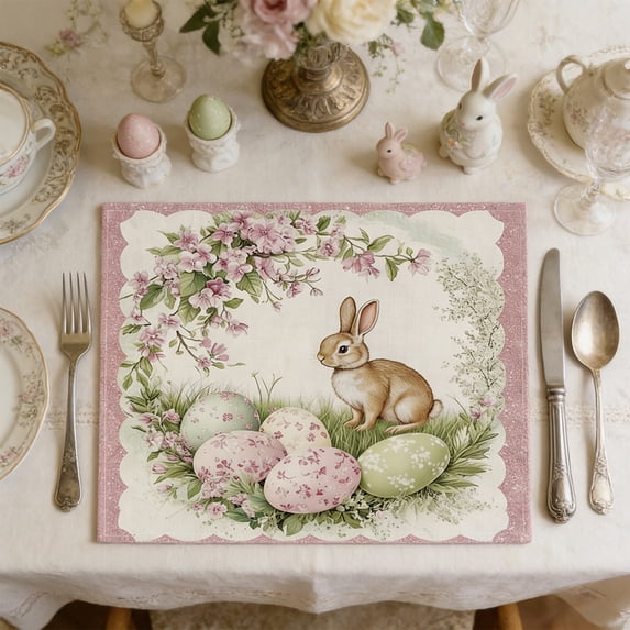 QuanTara Easter Placemats Set of 1, 16.54x12.6in Bunny & Egg Pattern Polyester Placemat, Washable Holiday Table Decor for Dining Party, Festive Mood Decoration