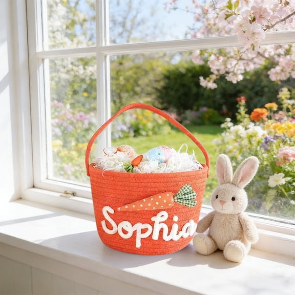 QuanTara Easter Rope Storage Basket, 7.9"x5.9"x1.2" Orange Cotton Woven Decorative Bin, Multifunctional Organizer for Holding Eggs, Toys, Gifts, & Home Holiday Decor