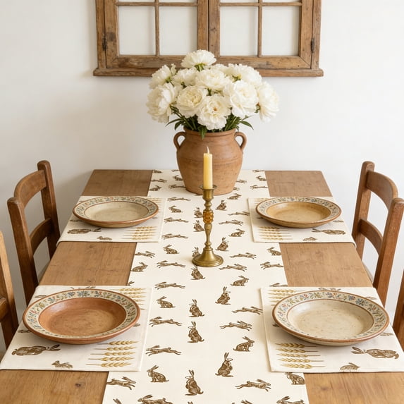 QuanTara Easter Table Runner, Rabbit Egg Floral Pattern Tablecloth 59.06x12.99in, Polyester Holiday Table Decor for Party Dining, Washable & Reusable