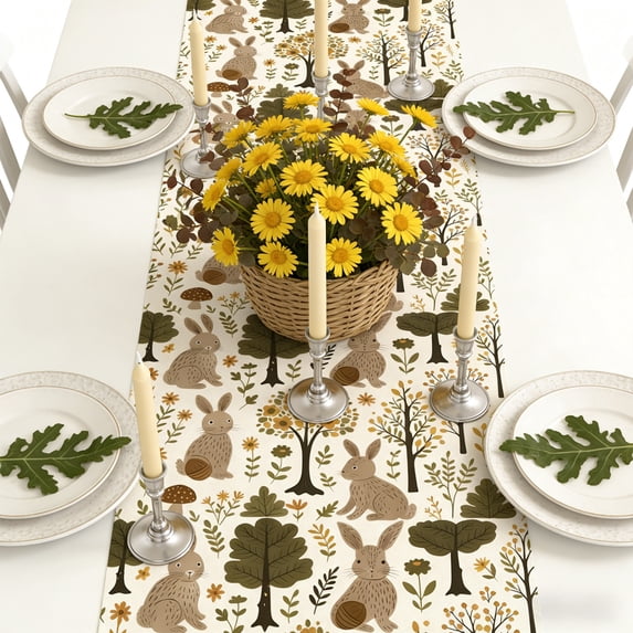 QuanTara Easter Table Runner, Rabbit Egg Floral Pattern Tablecloth 59.06x12.99in, Polyester Holiday Table Decor for Party Dining, Washable & Reusable
