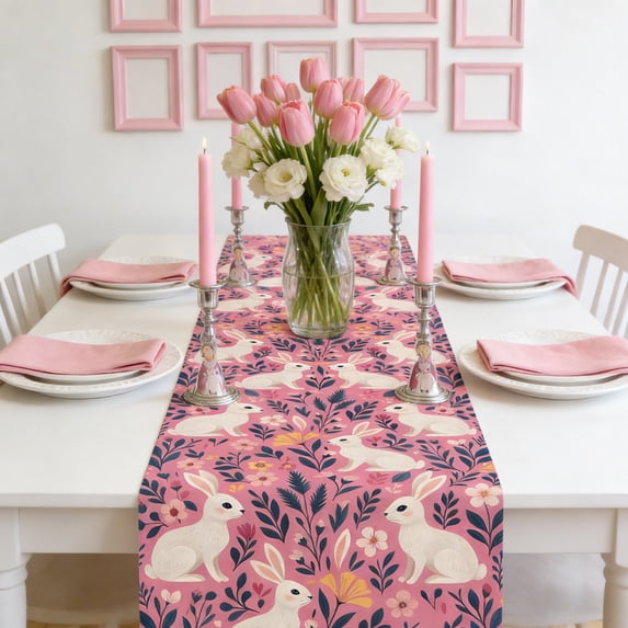 QuanTara Easter Table Runner, Rabbit Egg Floral Pattern Tablecloth 59.06x12.99in, Polyester Holiday Table Decor for Party Dining, Washable & Reusable