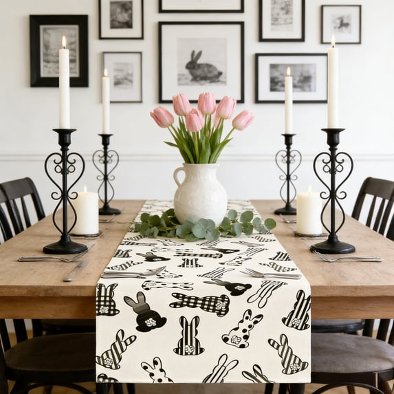 QuanTara Easter Table Runner, Rabbit Egg Floral Pattern Tablecloth 59.06x12.99in, Polyester Holiday Table Decor for Party Dining, Washable & Reusable