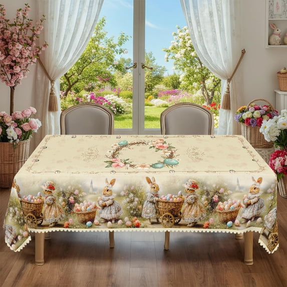 QuanTara Easter Tablecloth 35"x55", Waterproof Polyester Table Cover with Cute Bunnies & Eggs Design forindoor Outdoor Dining, Party, Picnic, Easy Clean