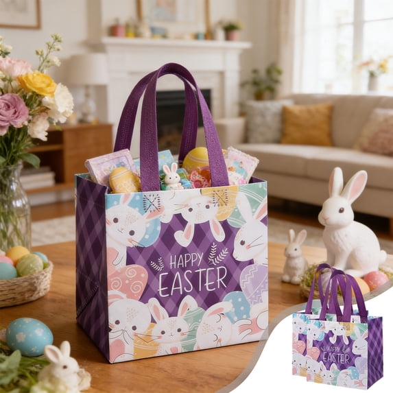 QuanTara Easter Tote Bags 2 Pack, Reusable Non Woven Gift Bags with Egg Design, Easter Party Favor & Shopping Bag, 7.87x7.87x5.91in