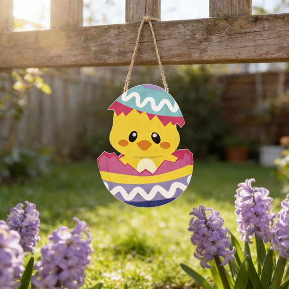 QuanTara Easter Wooden Hanging Decor, 11.1x8.07in Multicolor Rabbits Chick Egg Ornaments with Jute Cord, Wooden Wall Door Window Hanging Sign for Home Spring Party Decor