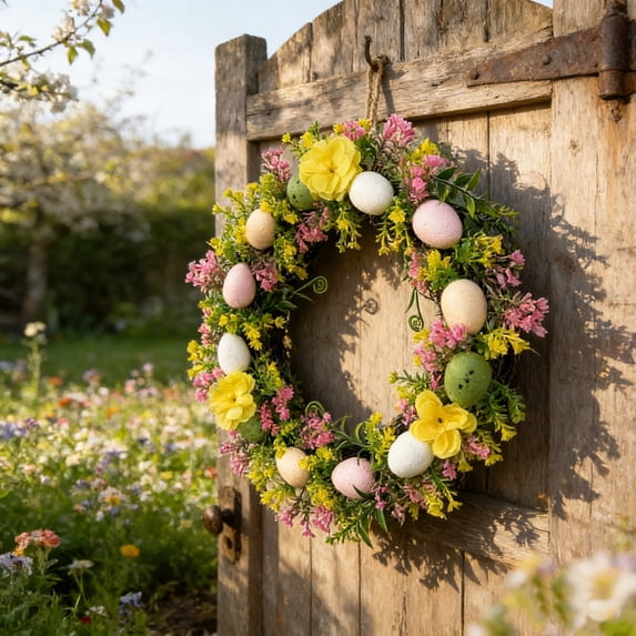QuanTara Easter Wreath with Floral Egg Ornaments & Candle Holders, 7.87" Spring Tabletop Decoration for Indoor Outdoor Party, Plastic Multicolor Wreath Decor