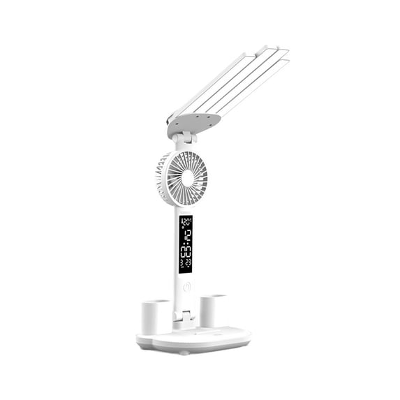 QuanTara Foldable LED Desk Lamp with Fan & Digital Display, Rechargeable Touch Control Task Light with Pen Holder, Dimmable Eye-Caring Table Lamp for Bedside, Dorm & Workspace