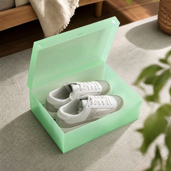 QuanTara Foldable Shoe Storage Box Green, 11.02" × 7.09" × 3.74", Plastic, Flip-Top Box Shape, for Closets and Bedroom Shoe Storage, Foldable Space-Saving form