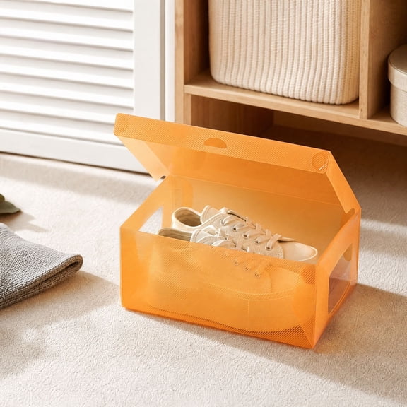 QuanTara Foldable Shoe Storage Box Orange, 11.02" × 7.09" × 3.74", Plastic, Flip-Top Box Shape, for Closets and Bedroom Shoe Storage, Foldable Space-Saving form