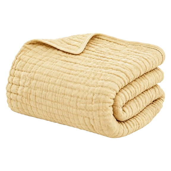 QuanTara Gauze Blanket, Yellow, 100% Cotton with Crinkled Texture, 90.55" × 90.55", Square Bed Layer and Sofa Blanket, 1 Piece