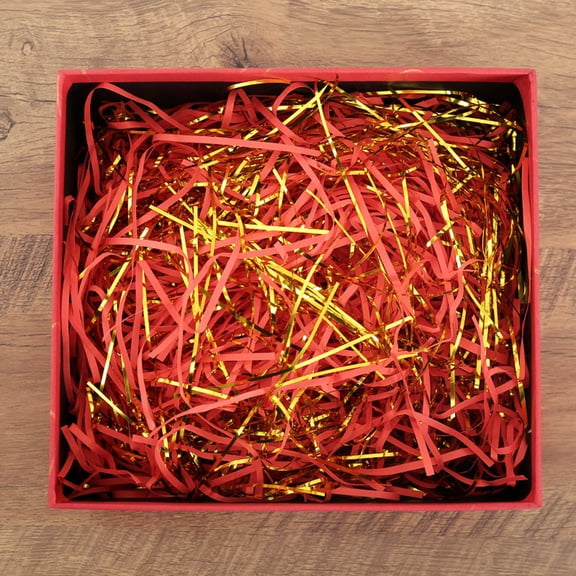 QuanTara Gold Threaded Mixed Paper Shreds, 0.07in Red Confetti Raffia Gift Box Filler, Decorative Shredded Paper for Wedding Favors, Birthday Party, Holiday Present Packaging