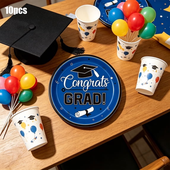 QuanTara Graduation Party Supplies – Cap-Themed Paper Plates & Tablecloth Set, Disposable Blue Graduation Decorations for Celebrations