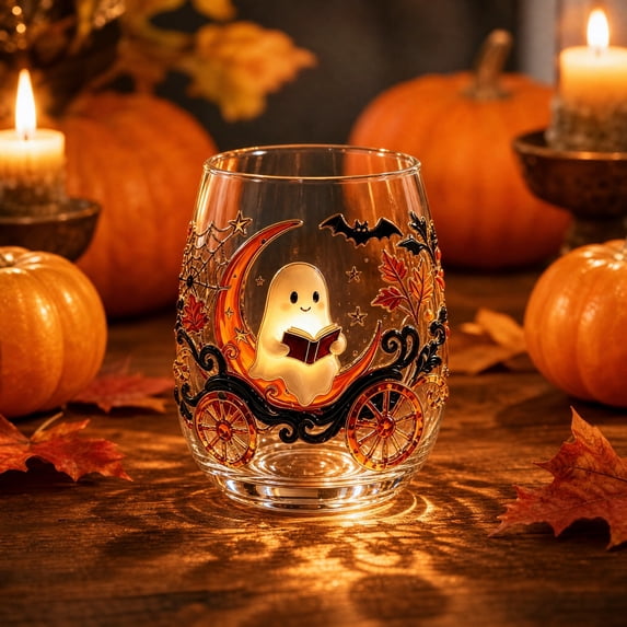 QuanTara Halloween 2D Glass Tumbler, 16oz Spooky Character Drinking Glass, Handle-Free Cartoon Ghost & Pumpkin Cup for Cold Beverages, Candy Jar, or Haunted House Party Decor